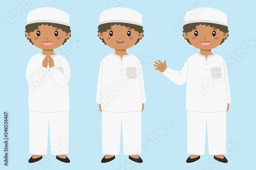 Happy Muslim African American boy in white koko shirt and kopiah hat, smiling and waving hand, isolated in blue background. Muslim kids character vector set. 
