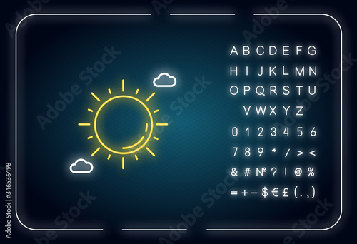 Clear sunny sky neon light icon. Outer glowing effect. Partly cloudy meteo forecast, summertime weather, meteorology sign with alphabet, numbers and symbols. Vector isolated RGB color illustration