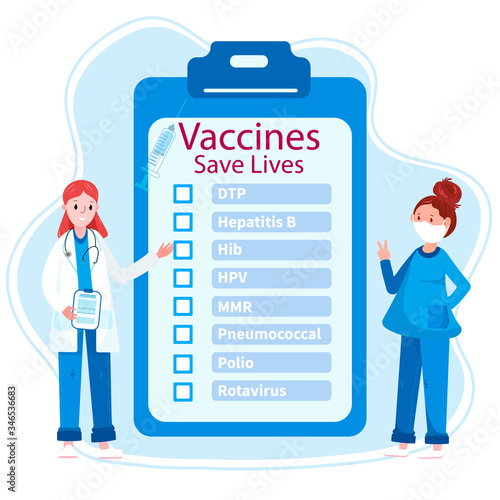 Time to vaccinate. Check list with vaccines, as Polio, DTP, Hepatitis B, HPV, MMR, HIB,etc. Doctor show vaccines save lives. Nurse in protection mask ready to make injection. Healthcare vector concept