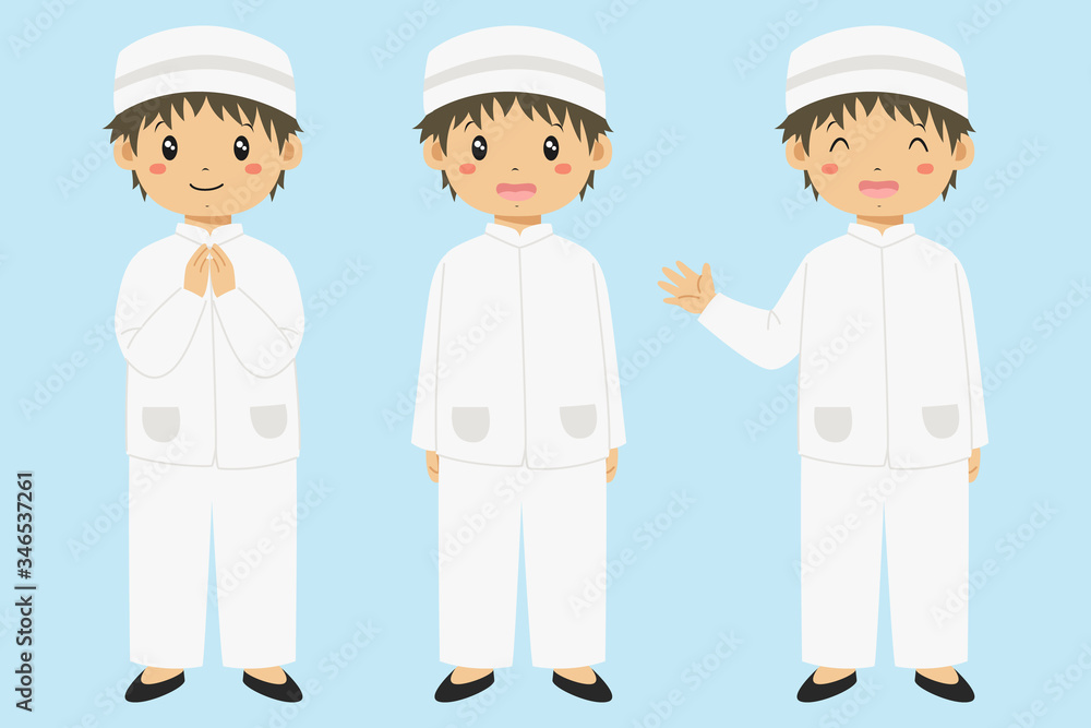 Happy Muslim boy in white koko shirt and kopiah hat, smiling and waving hand, isolated in blue background. Muslim kids character vector set. 