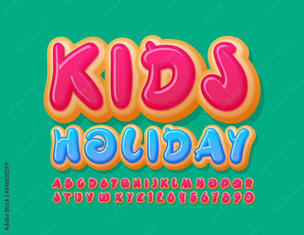 Vector sweet poster Kids Holiday with Donut Font. Pink Glazed Alphabet Letters and Numbers