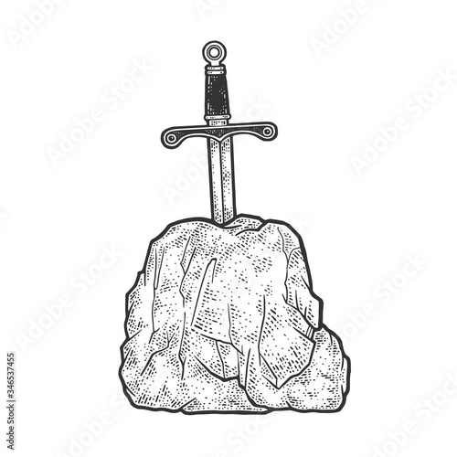 Excalibur legend sword in stone sketch engraving vector illustration. T-shirt apparel print design. Scratch board imitation. Black and white hand drawn image.