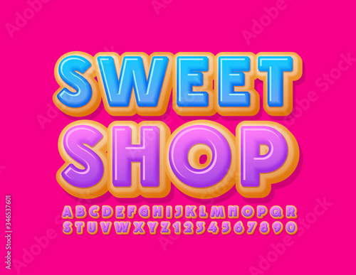 Vector bright logo Sweet Shop with Glazed Cake Font. Donut Alphabet Letters and Numbers