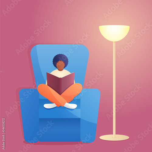 African American Boy Reading. Child or Teenager With Book in Armchair. Concept of Leisure or Learning at Home. Flat Vector Illustration