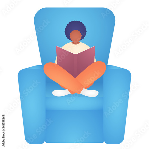 African American Boy Reading. Child or Teenager With Book in Armchair Isolated on White Background. Concept of Leisure or Learning at Home. Minimalist Vector Illustration