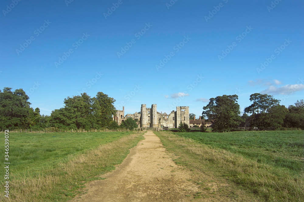 Cowdray Castle Ruins, Castle Keep, Landscape, West Sussex, England, Romantic Ruin, with the old road leading up to Cowdray Castle Keep, Midhurst, UK
