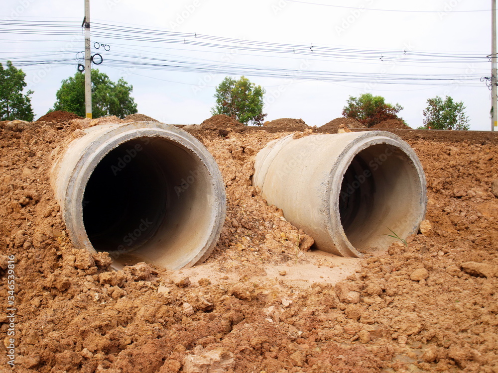 Road drainage concrete Drainage systems in the construction road
. Selective focus