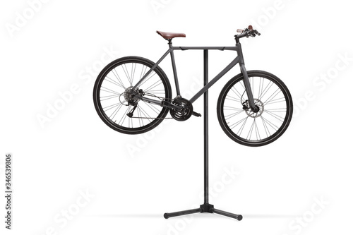 Studio shot of a bicycle on a repiar stand