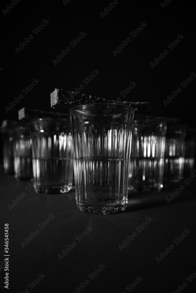Glass of vodka with bread 10 black and white Glass of vodka with bread 10 black and white