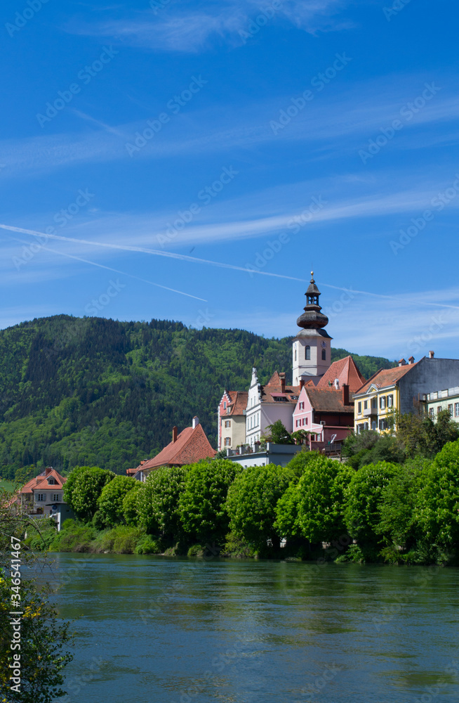 Frohnleiten beautiful old town in austria. Mountain landscape and river, travel in Europe.