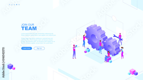 Trendy flat illustration. Join our team  page concept. Office workers planing business mechanism, analyze business strategy and exchange ideas.Template for your design works. Vector graphics.