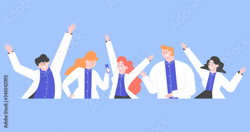 Group of joyful doctors waist-high. Happy people in white coats. The invention of medicine, vaccines, cure of the disease. Vector flat illustration with characters on a a blue color background.
