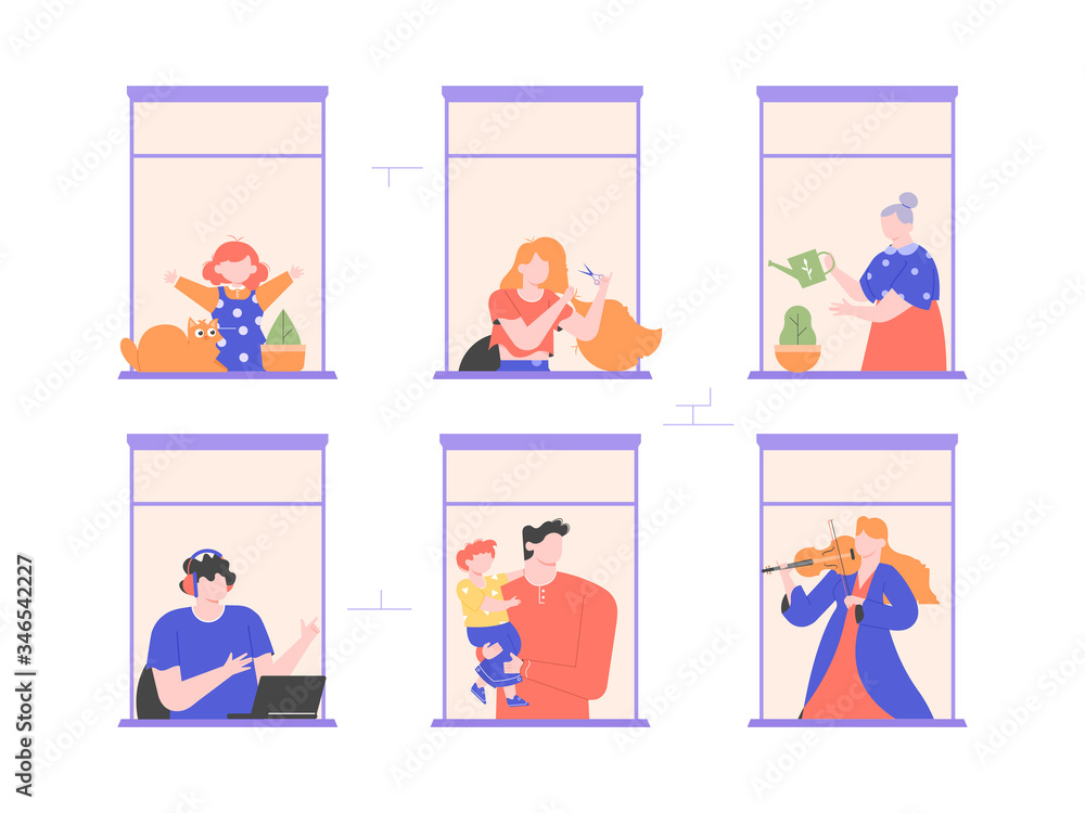 House building with people in open window spaces. People quarantine at home. Neighbors work, sit with children, water flowers, cut their hair, and play the violin. Vector flat illustration. House building with people in open window spaces. People quarantine at home. Neighbors work, sit with children, water flowers, cut their hair, and play the violin. Vector flat illustration.