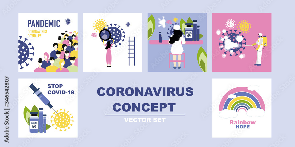 Coronavirus concept vector set, a fight between medics and scientists with coronavirus, people study, fight and eliminate the virus. Search for antivirus, researching of disease. Hope Rainbow Coronavirus concept vector set, a fight between medics and scientists with coronavirus, people study, fight and eliminate the virus. Search for antivirus, researching of disease. Hope Rainbow