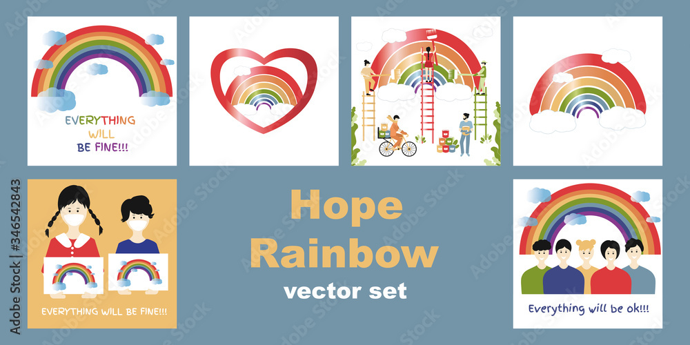 Hope Coronavirus Rainbow vector set. Motivational slogan Everything will be fine, ok. People paint the rainbow together as a symbol of overcoming the epidemic, children draw a rainbow. New normal life