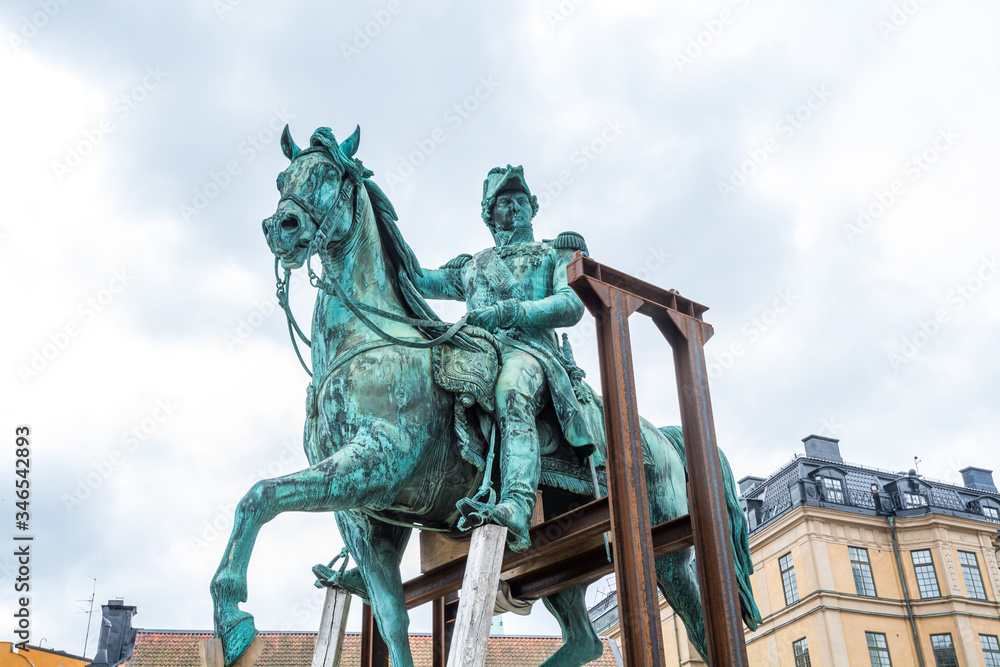 Fototapeta premium Equestrian statue of King Karl XIV Johan in front of the Stockholm palace, King of Sweden and King of Norway from 1818 until his death in 1844.