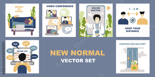 New normal lifestye vector set. After Outbreak . After the Coronavirus or Covid-19. Online life, video conference, contacless delivery, work at home, keep distance. Changes in people's lives  photo