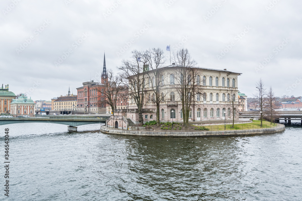 Beautiful buildings at the bank of the strait and islands in the downtown of Stockholm, Sweden.