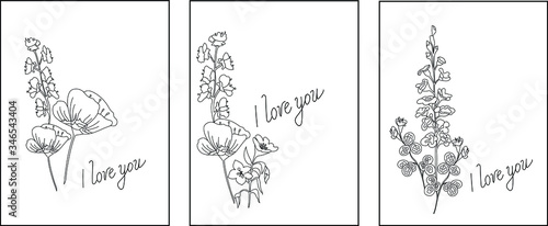 Minimalist design Greeting cards with flowers, can be used as an invitation card for a wedding, birthday and other holiday and summer background. Declaration of love. Vector art illustration