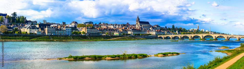 Landmarks and travel in France. Famous Loire valley,  view of medieval town Blois and  royal castle