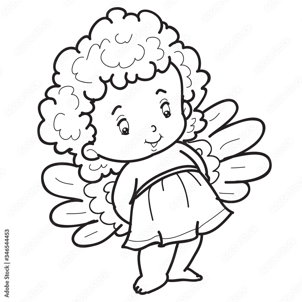 Obraz premium child angel character is drawn in outline, coloring, isolated object on white background, vector illustration,
