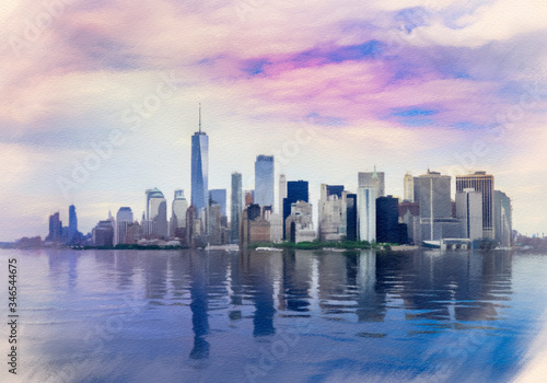 Digital pastel painting of a panorama of Manhattan in New York City from the Hudson River © steheap
