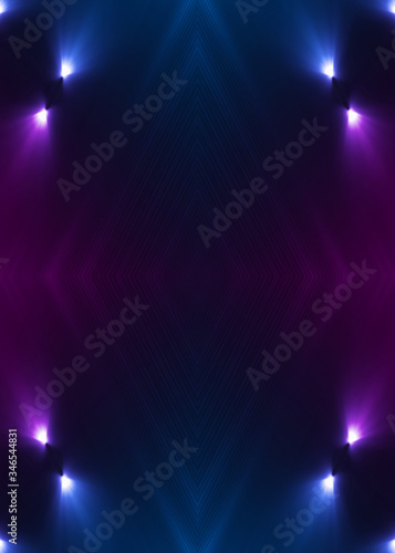 Abstract dark background with blue and pink neon glow. Neon light lines, waves.