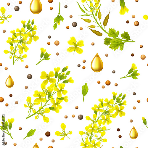 Seamless background of flower, seeds and leaves mustard. Vector illustration.