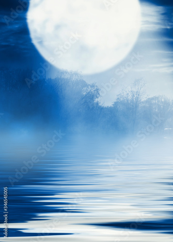 Background night landscape. The night sky  the full moon. Reflection of the moon on the water.