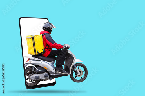 Young courier with thermo bag on color background, space for text. Food delivery service photo