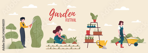 People gardening. Woman takes care of plants.. A man cuts a bush. Local organic production concept. Vector flat concept.