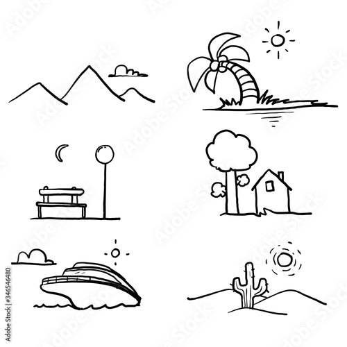 Set of hand drawn landscape related vector icon line design such as beach, desert, mountain, park and more. with doodle cartoon style