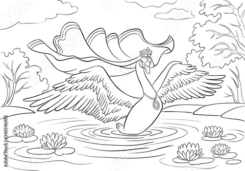 Vector - Swan princess with opened wings on a lake with water lilies. Contour coloring book illustration.