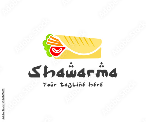 Shawarma sandwich, gyro and doner kebab, logo design. Roll of lavash with meat and vegetables, fast food, food and meal, vector design and illustration