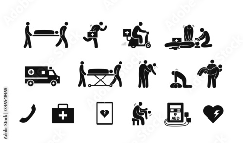 icon set related to emergency response team, life saver, first aid, medical emergency working. flat design