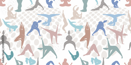 Fototapeta Naklejka Na Ścianę i Meble -  Yoga seamless pattern. International Yoga Day. Women do yoga position. Women silhouettes set. Vector illustration