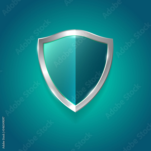 Symbol of protection, guard. Blue-green glossy shield with silver trim. Heraldic element.