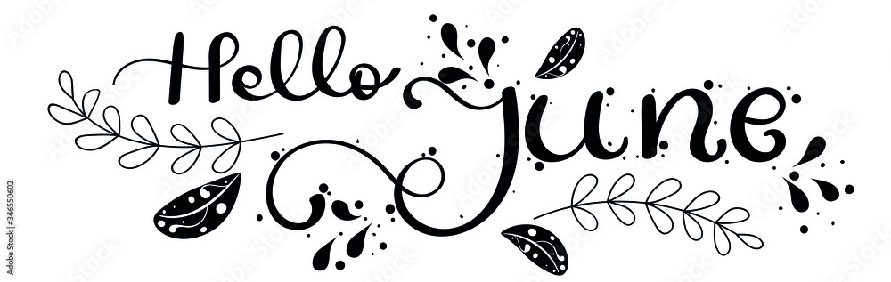 Hello June. JUNE month vector with ornaments and leaves. Decoration floral. Illustration month June Hello June. JUNE month vector with ornaments and leaves. Decoration floral. Illustration month June