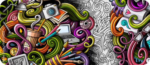Designer hand drawn doodle banner. Cartoon detailed flyer.