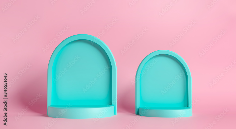Empty blue, azure arch frame for greetings. Cosmetics template - 3d render illustration. Pink pastel background, advertising space. Room scene with arch and exhibition pedestal. Empty blue, azure arch frame for greetings. Cosmetics template - 3d render illustration. Pink pastel background, advertising space. Room scene with arch and exhibition pedestal.
