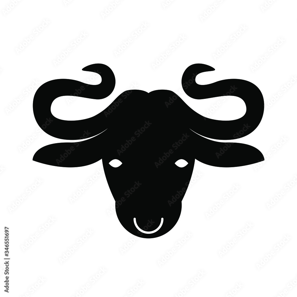 Flat style bull head isolated on white background. Black buffalo icon. Chinese ox with nose ring. Cow silhouette. Stock vector illustration.