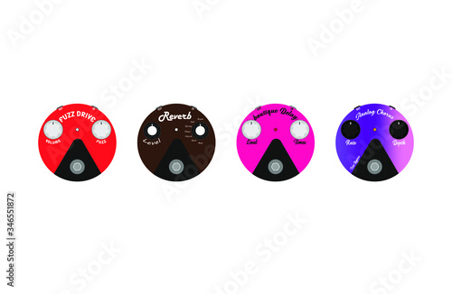 Basic electric guitar effect set is in a round, multi-colored Fuzz design. Overdrive effect, reverb, chorus, and delay can be used as clothing design icons. Used in graphics. Isolated on white.