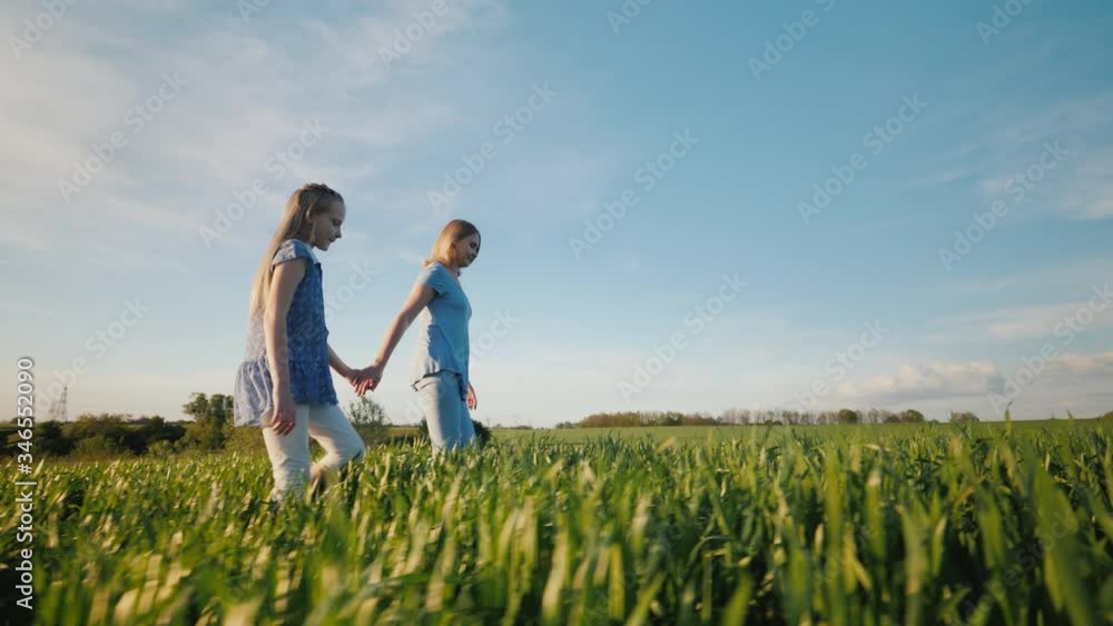 Side view: Mom and daughter walk through a picturesque meadow at sunset, hold hands. Side view: Mom and daughter walk through a picturesque meadow at sunset, hold hands.