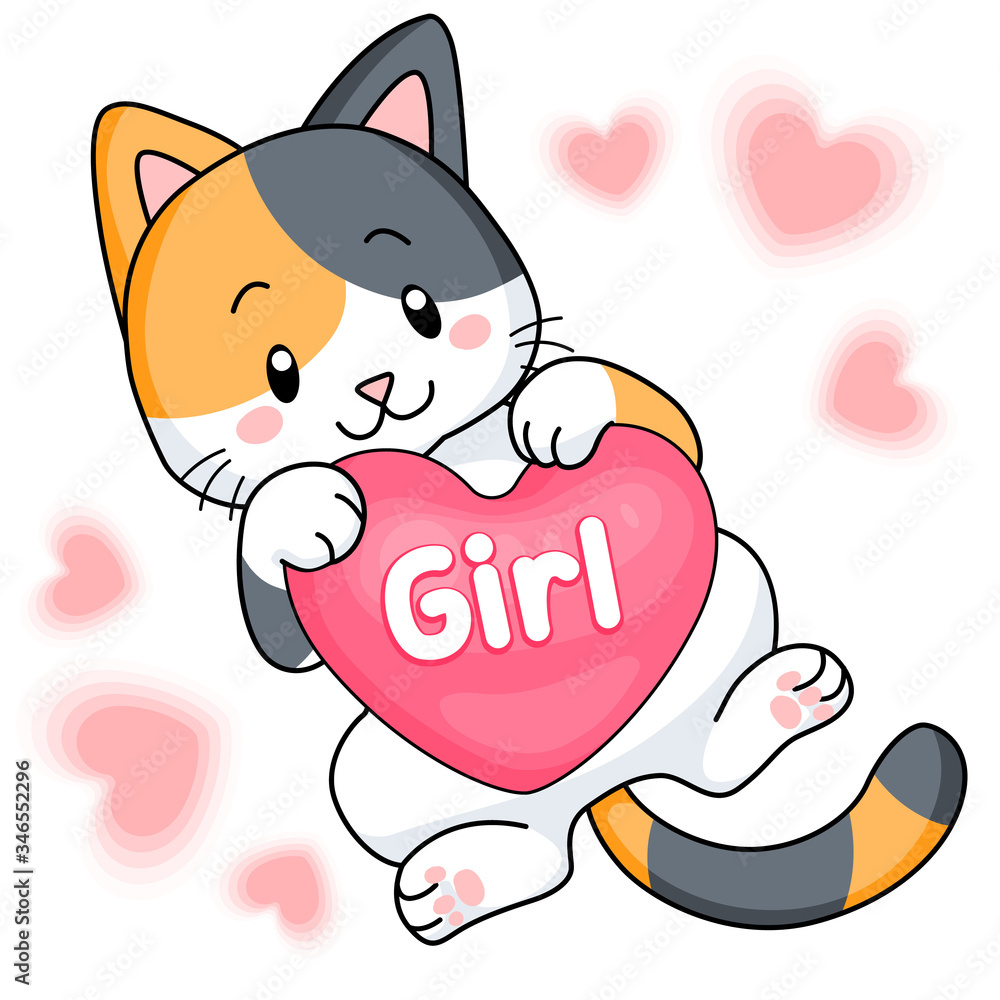 Cute calico kitten holding a pink heart Cute calico kitten holding a pink heart