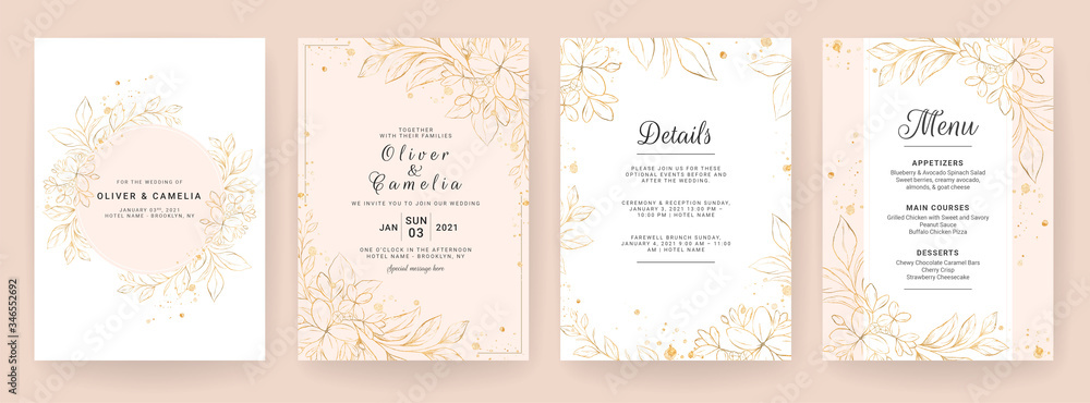 Wedding invitation card template set with line art floral decoration. Abstract background save the date, invitation, greeting card, multi-purpose vector