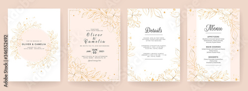 Wedding invitation card template set with line art floral decoration. Abstract background save the date, invitation, greeting card, multi-purpose vector