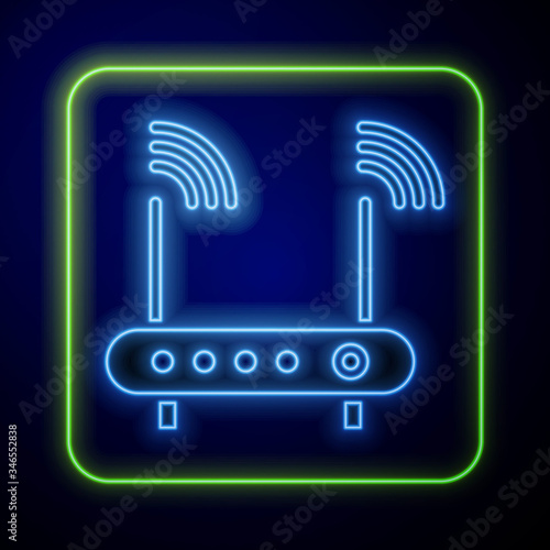 Glowing neon Router and wi-fi signal symbol icon isolated on blue background. Wireless ethernet modem router. Computer technology internet.  Vector Illustration