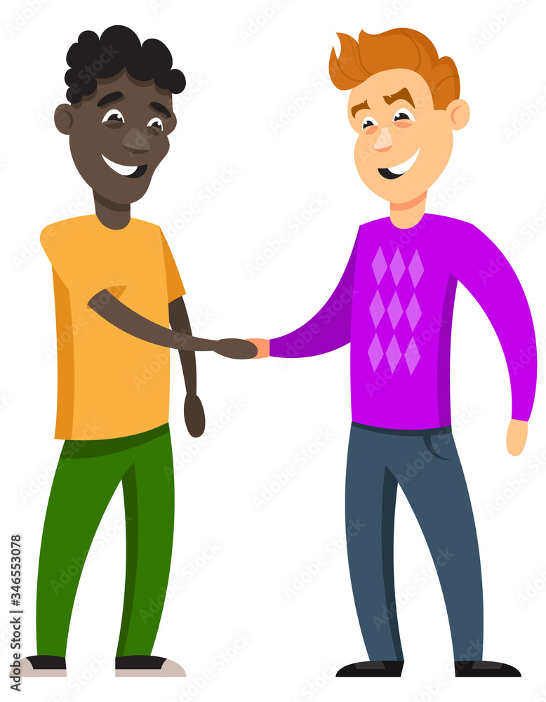 Fototapeta premium Men of different nationalities shake hands. Smiling characters in cartoon style.