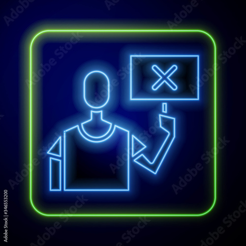 Glowing neon Nature saving protest icon isolated on blue background. Earth planet protection, environmental issues demonstration.  Vector Illustration