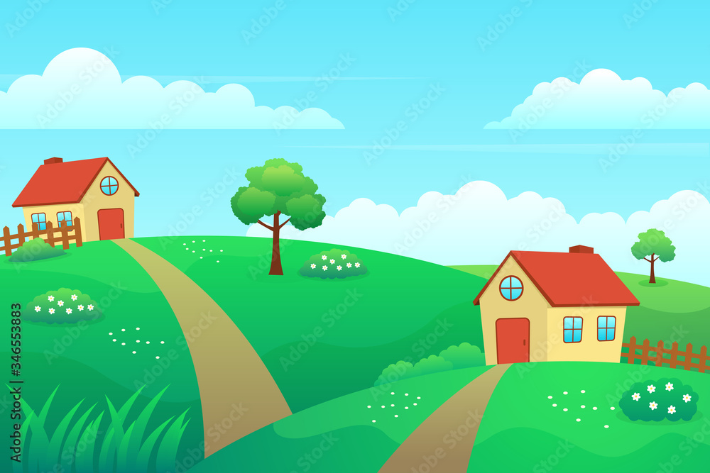 House in hill vector illustration with green grass and bright sky. Village cartoon 